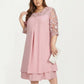 Plus Size Lace Yoke Midi Dress with Sheer Sleeve Detail and Layered Hem Flowy Elegant Dress