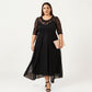 Plus Size Lace Panel Midi Dress with Sheer Overlay Hem and Short Sleeve Elegant Flowy Dress