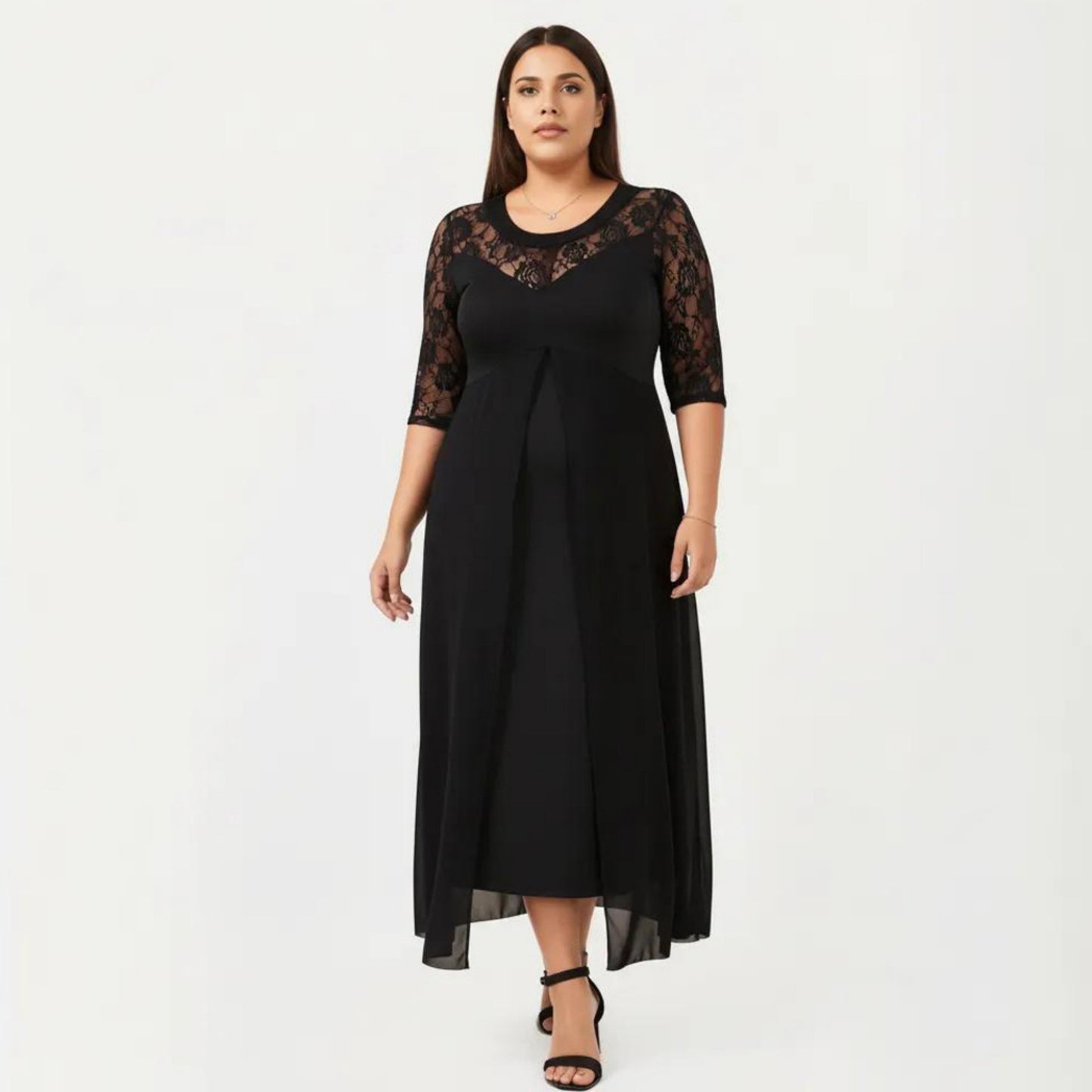Plus Size Lace Panel Midi Dress with Sheer Overlay Hem and Short Sleeve Elegant Flowy Dress