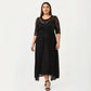 Plus Size Lace Panel Midi Dress with Sheer Overlay Hem and Short Sleeve Elegant Flowy Dress