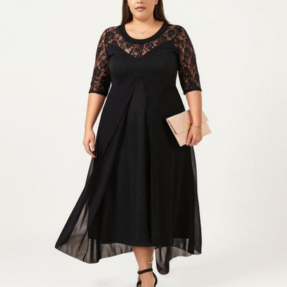 Plus Size Lace Panel Midi Dress with Sheer Overlay Hem and Short Sleeve Elegant Flowy Dress