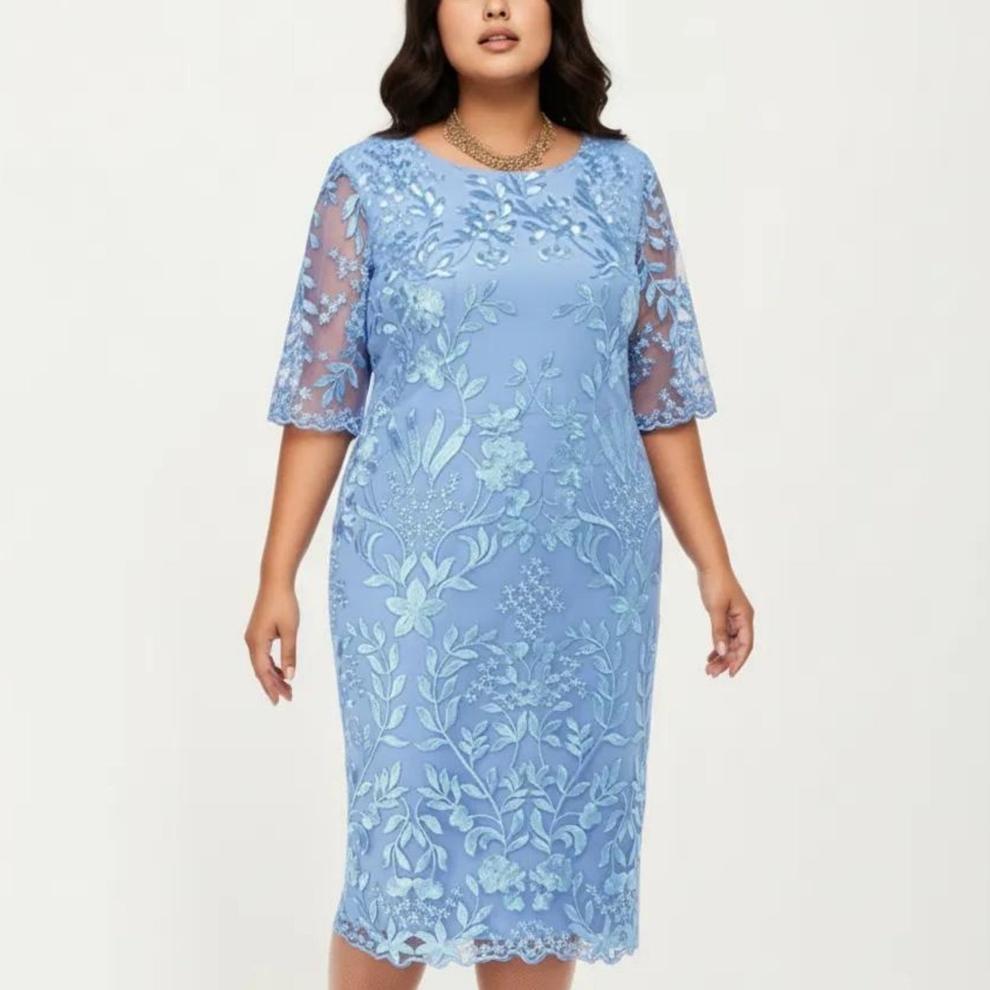 Plus Size Lace Sheath Dress with Sheer Short Sleeve Fitted Knee Length Elegant Dress