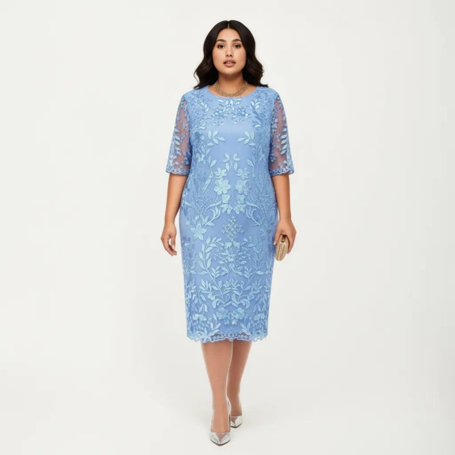 Plus Size Lace Sheath Dress with Sheer Short Sleeve Fitted Knee Length Elegant Dress