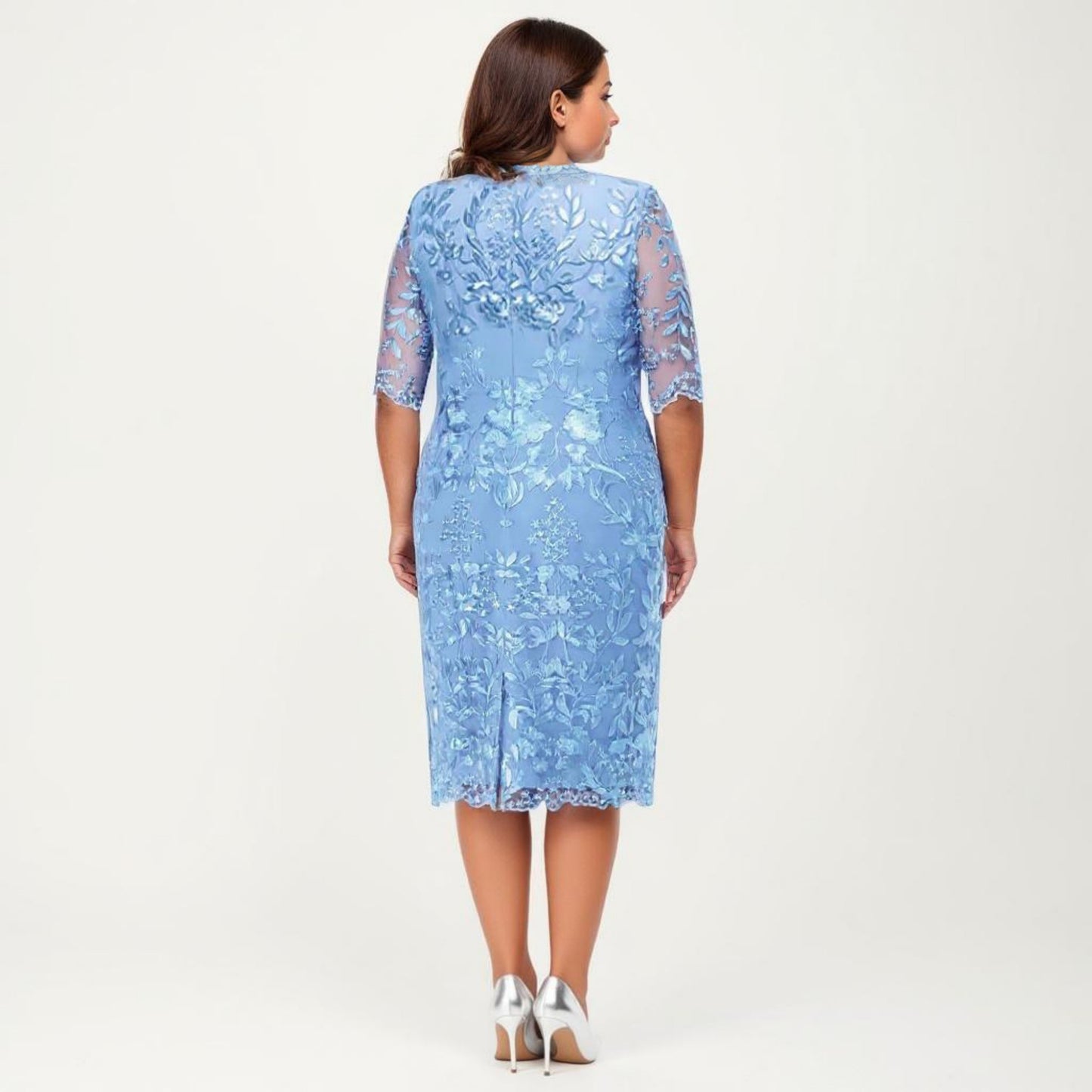 Plus Size Lace Sheath Dress with Sheer Short Sleeve Fitted Knee Length Elegant Dress