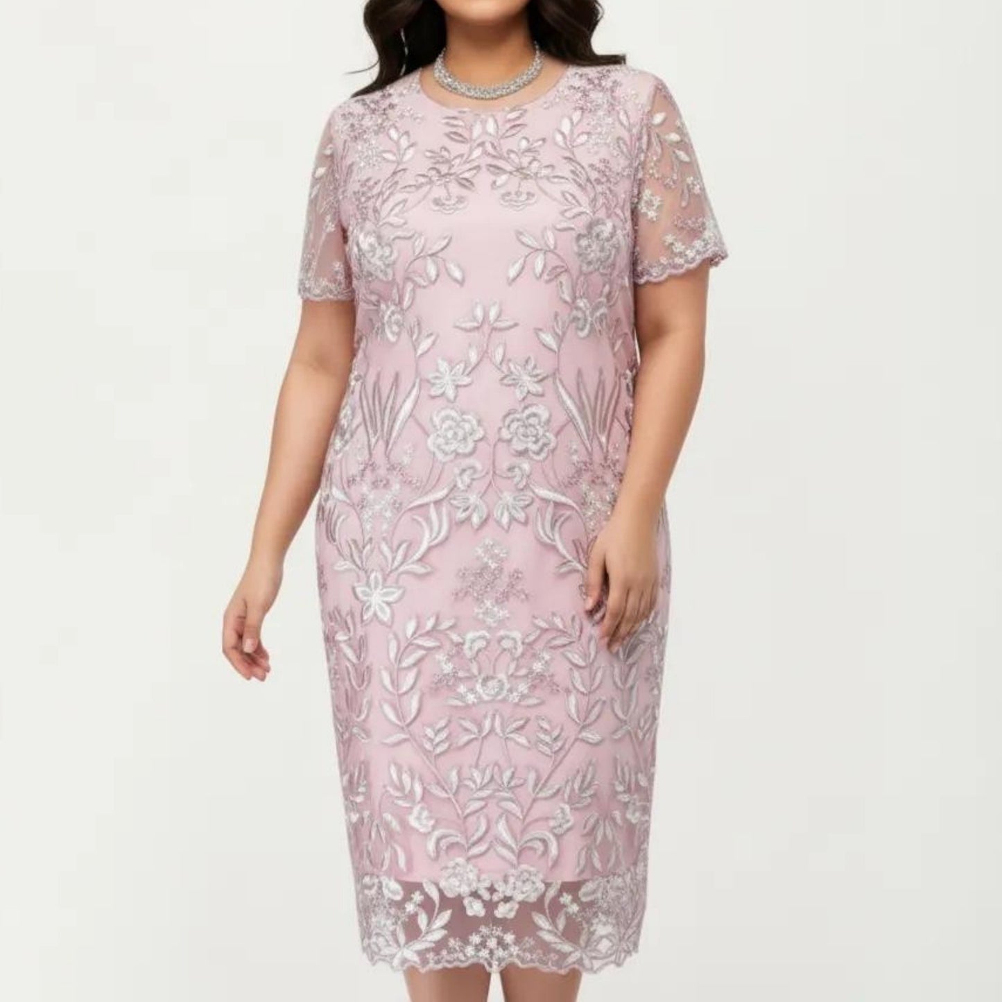 Plus Size Lace Sheath Dress with Sheer Short Sleeve Fitted Knee Length Elegant Dress