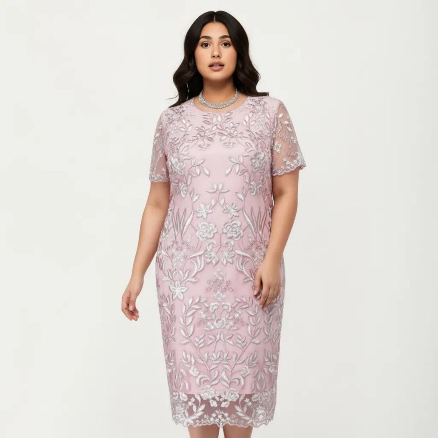 Plus Size Lace Sheath Dress with Sheer Short Sleeve Fitted Knee Length Elegant Dress