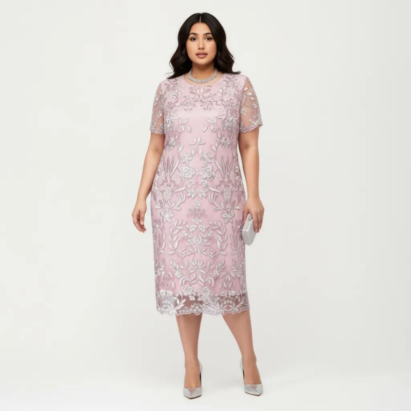 Plus Size Lace Sheath Dress with Sheer Short Sleeve Fitted Knee Length Elegant Dress