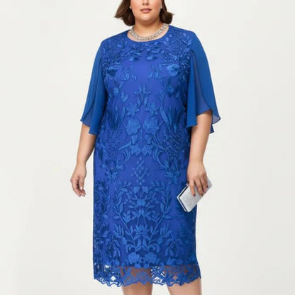Plus Size Lace Midi Dress with Sheer Overlay Short Sleeve Loose Fit Elegant Knee Length Dress