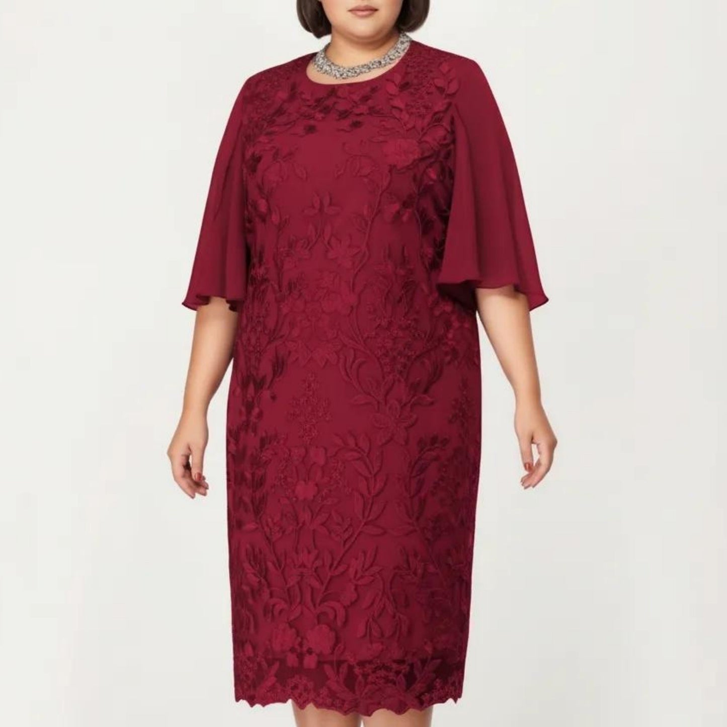 Plus Size Lace Midi Dress with Sheer Overlay Short Sleeve Loose Fit Elegant Knee Length Dress
