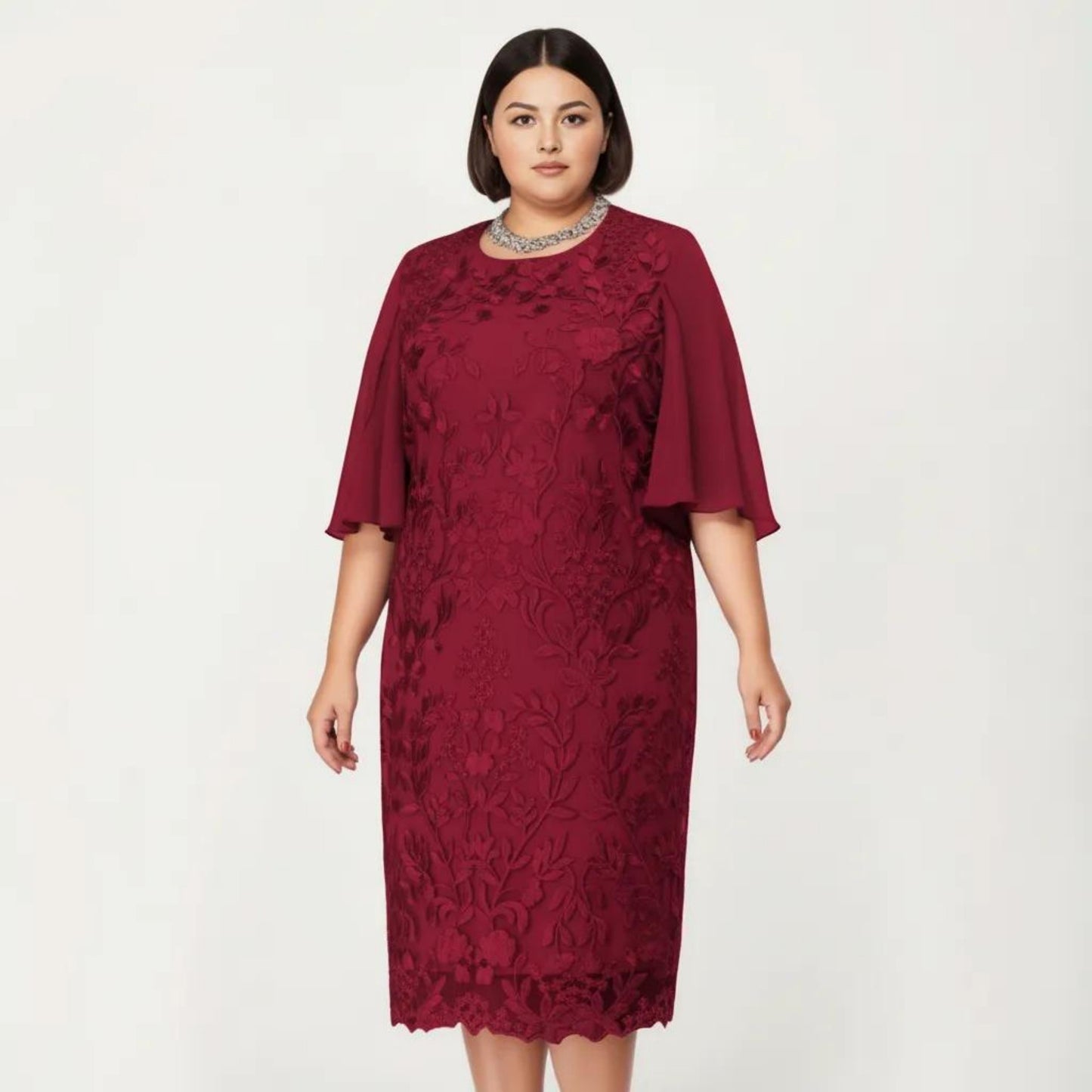 Plus Size Lace Midi Dress with Sheer Overlay Short Sleeve Loose Fit Elegant Knee Length Dress