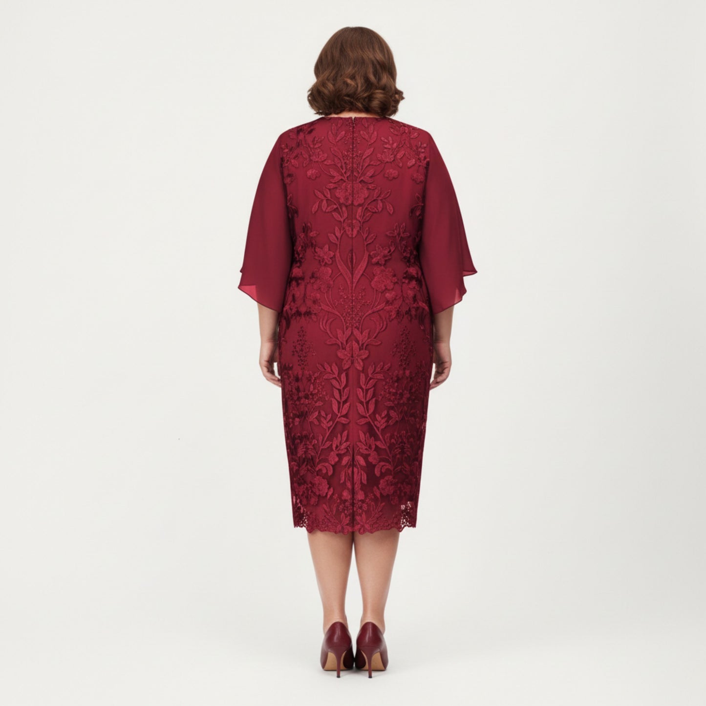 Plus Size Lace Midi Dress with Sheer Overlay Short Sleeve Loose Fit Elegant Knee Length Dress