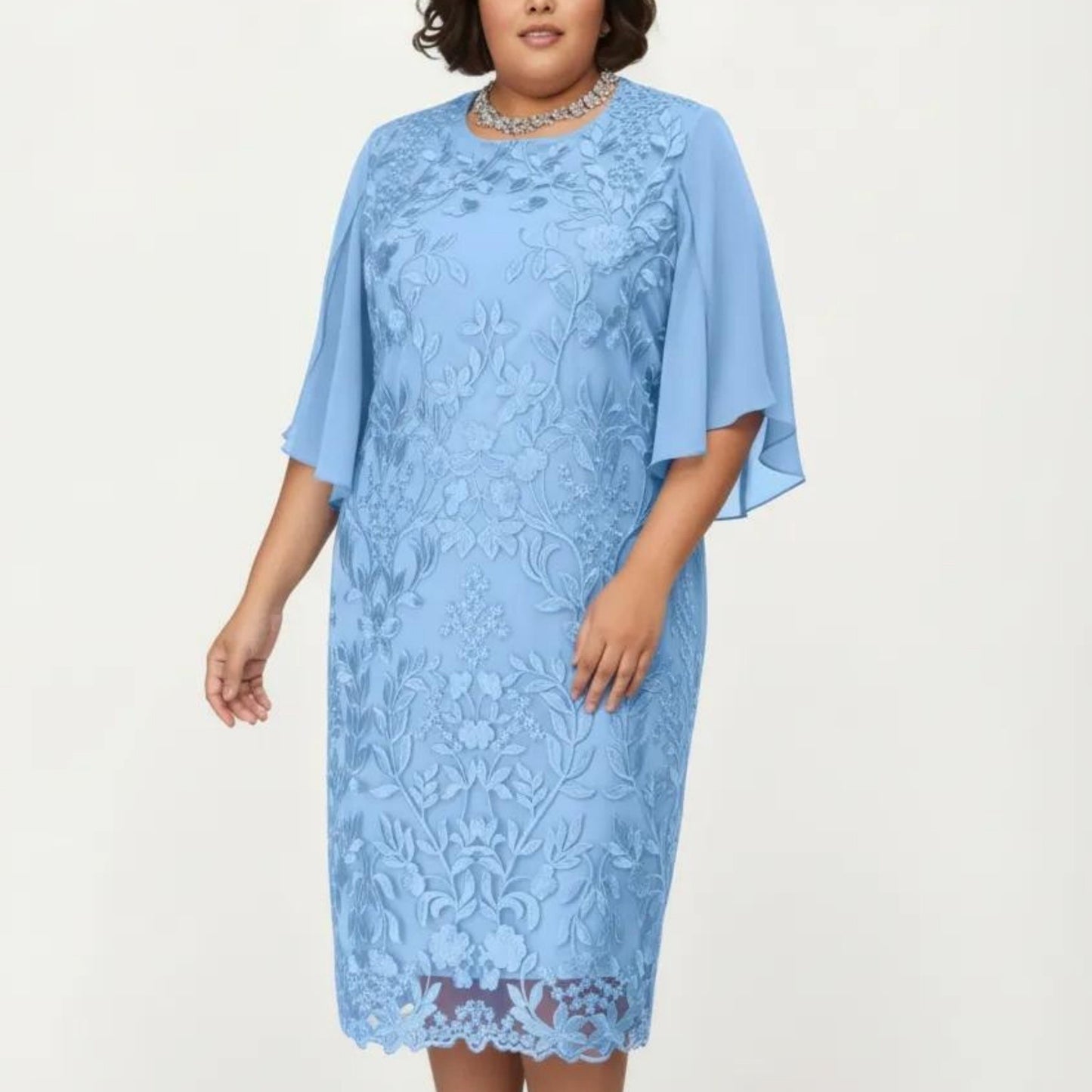 Plus Size Lace Midi Dress with Sheer Overlay Short Sleeve Loose Fit Elegant Knee Length Dress