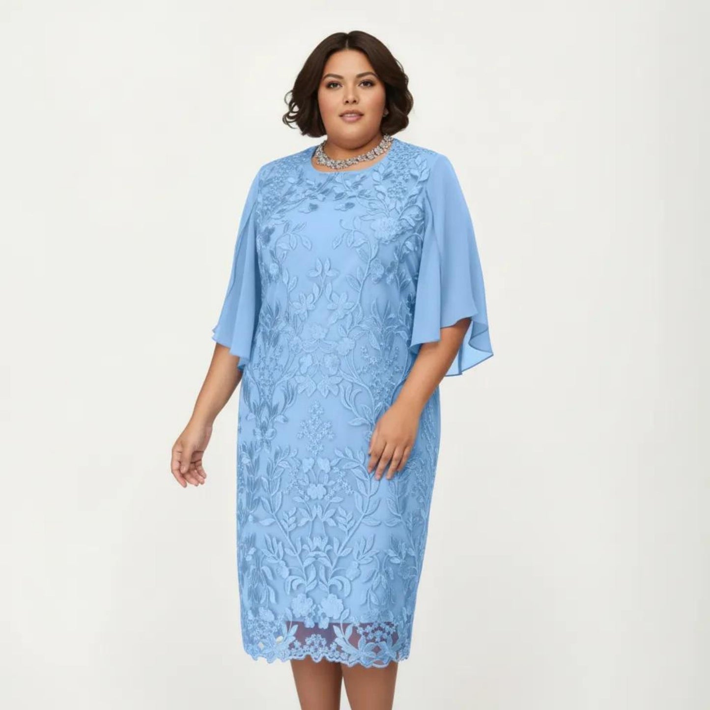 Plus Size Lace Midi Dress with Sheer Overlay Short Sleeve Loose Fit Elegant Knee Length Dress