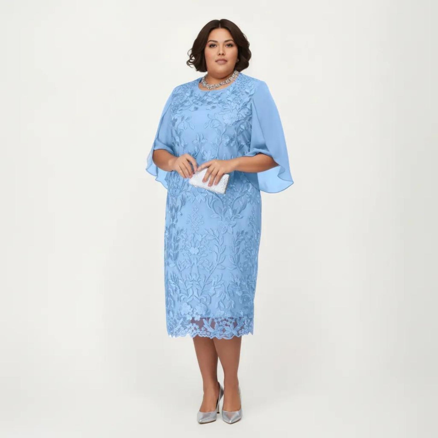 Plus Size Lace Midi Dress with Sheer Overlay Short Sleeve Loose Fit Elegant Knee Length Dress