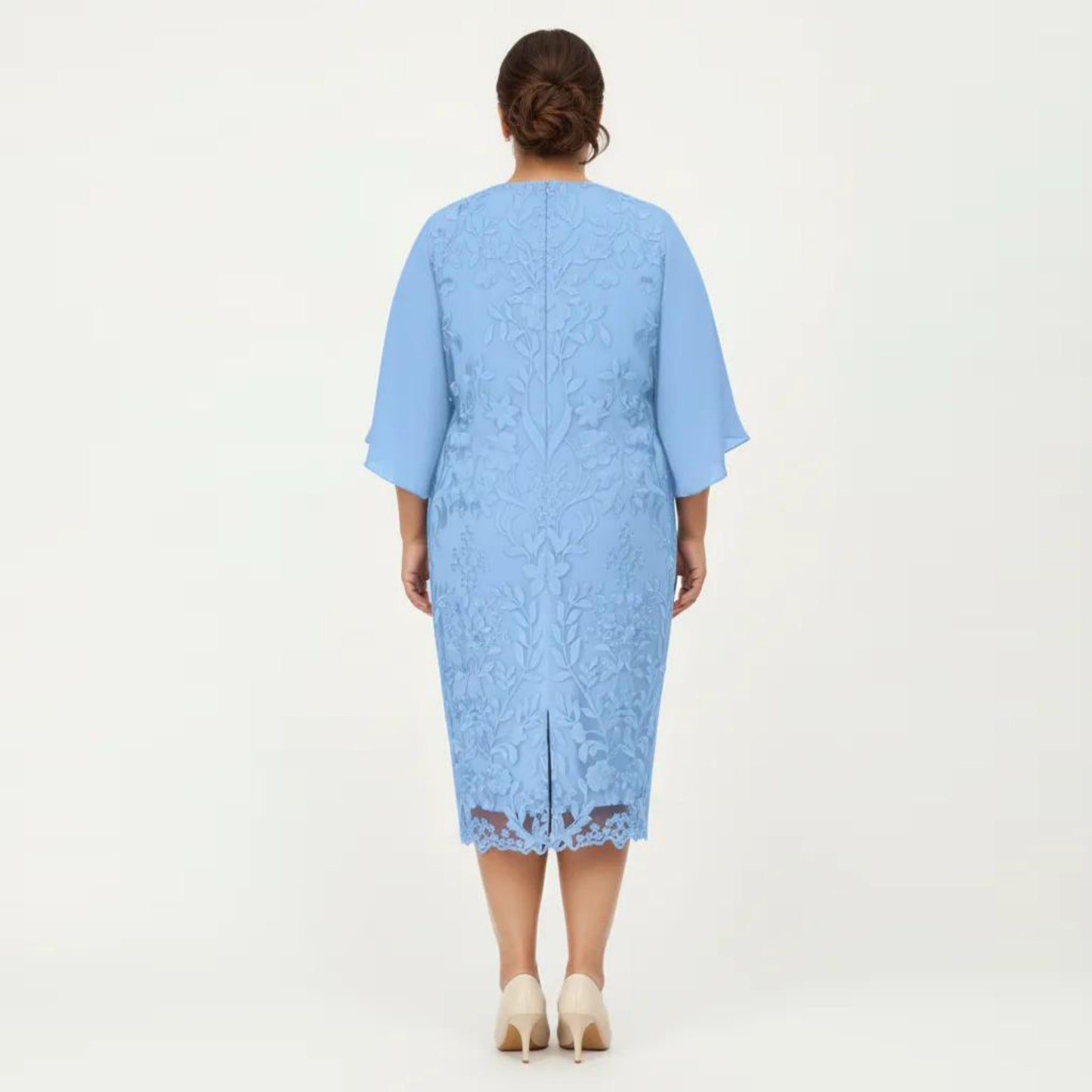 Plus Size Lace Midi Dress with Sheer Overlay Short Sleeve Loose Fit Elegant Knee Length Dress