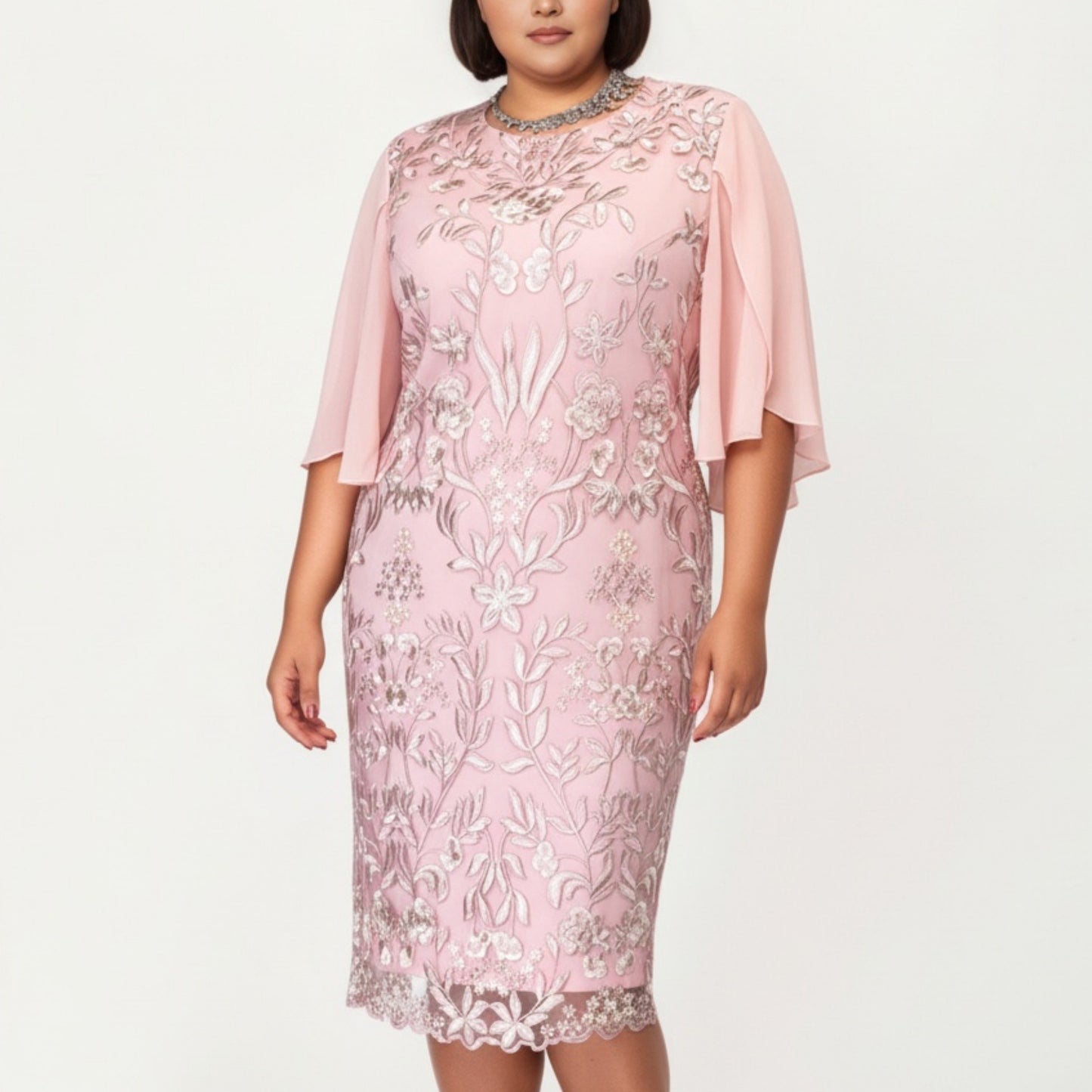Plus Size Lace Midi Dress with Sheer Overlay Short Sleeve Loose Fit Elegant Knee Length Dress