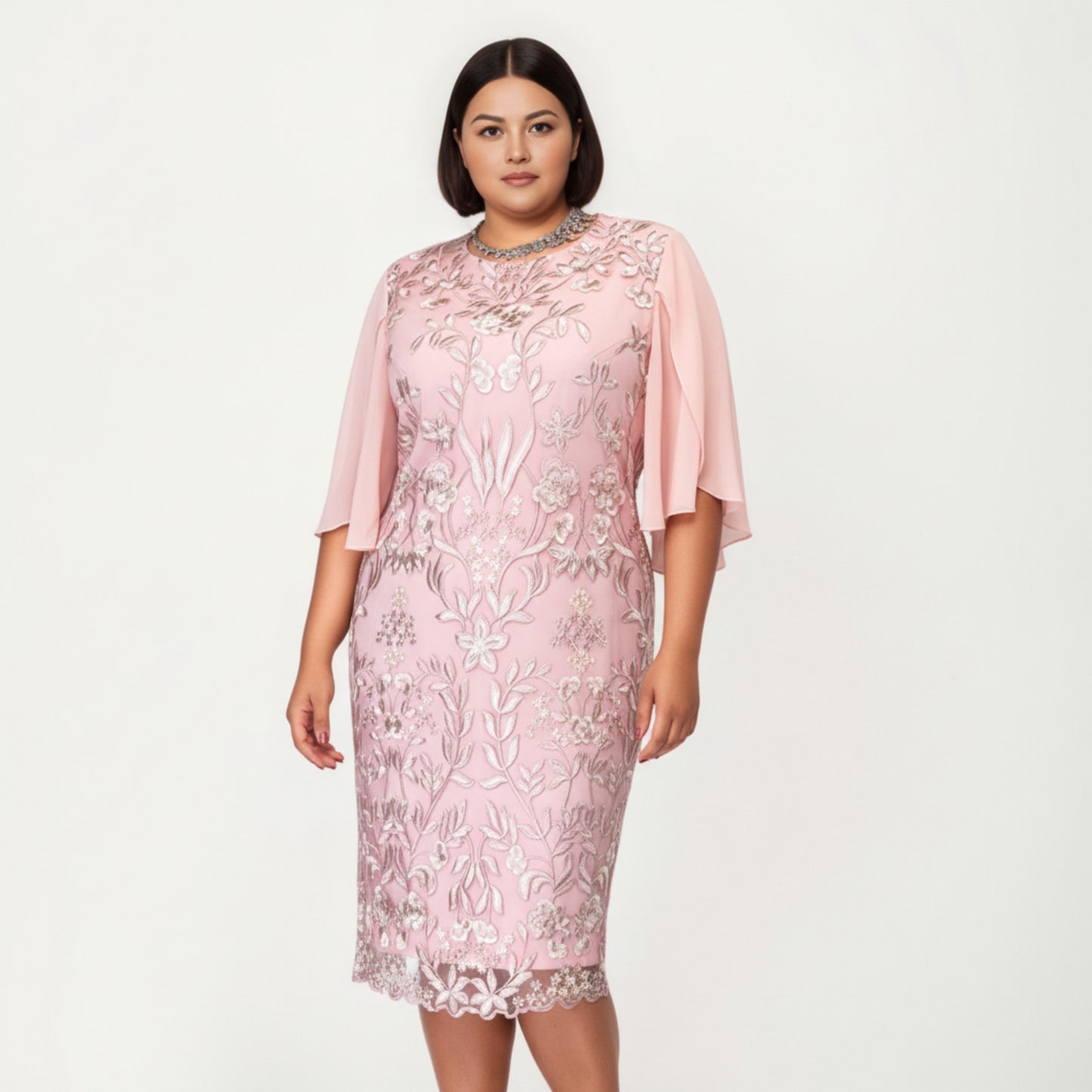 Plus Size Lace Midi Dress with Sheer Overlay Short Sleeve Loose Fit Elegant Knee Length Dress