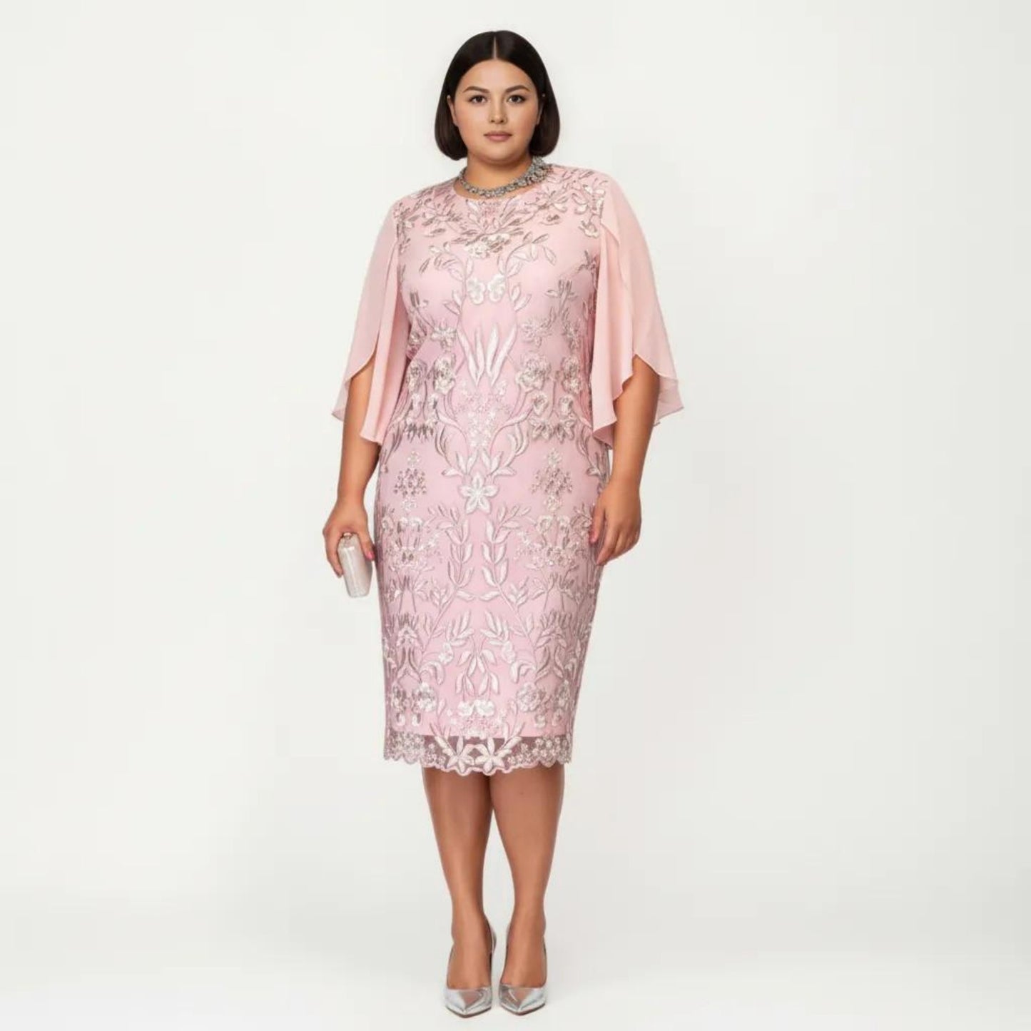 Plus Size Lace Midi Dress with Sheer Overlay Short Sleeve Loose Fit Elegant Knee Length Dress