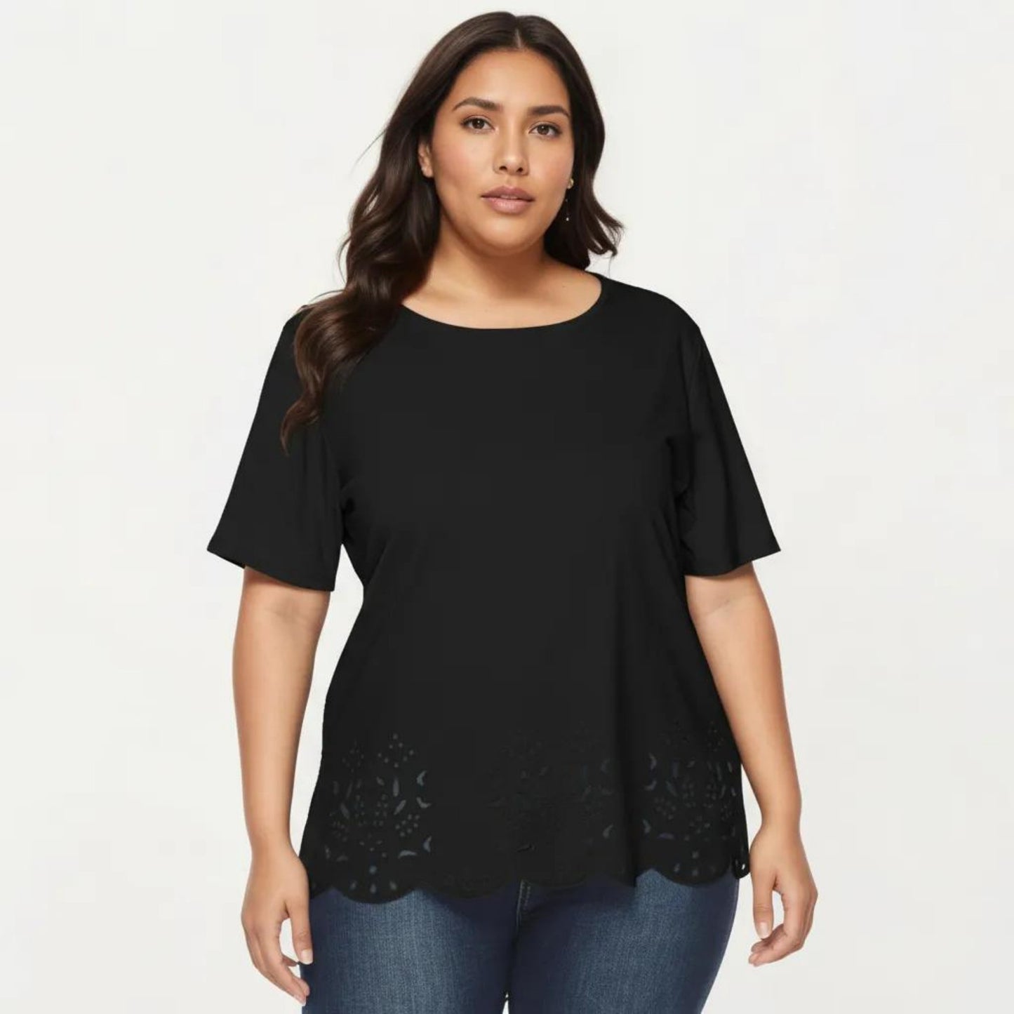 Plus Size Short Sleeve Top with Scalloped Eyelet Hem Round Neck Loose Fit Casual Blouse