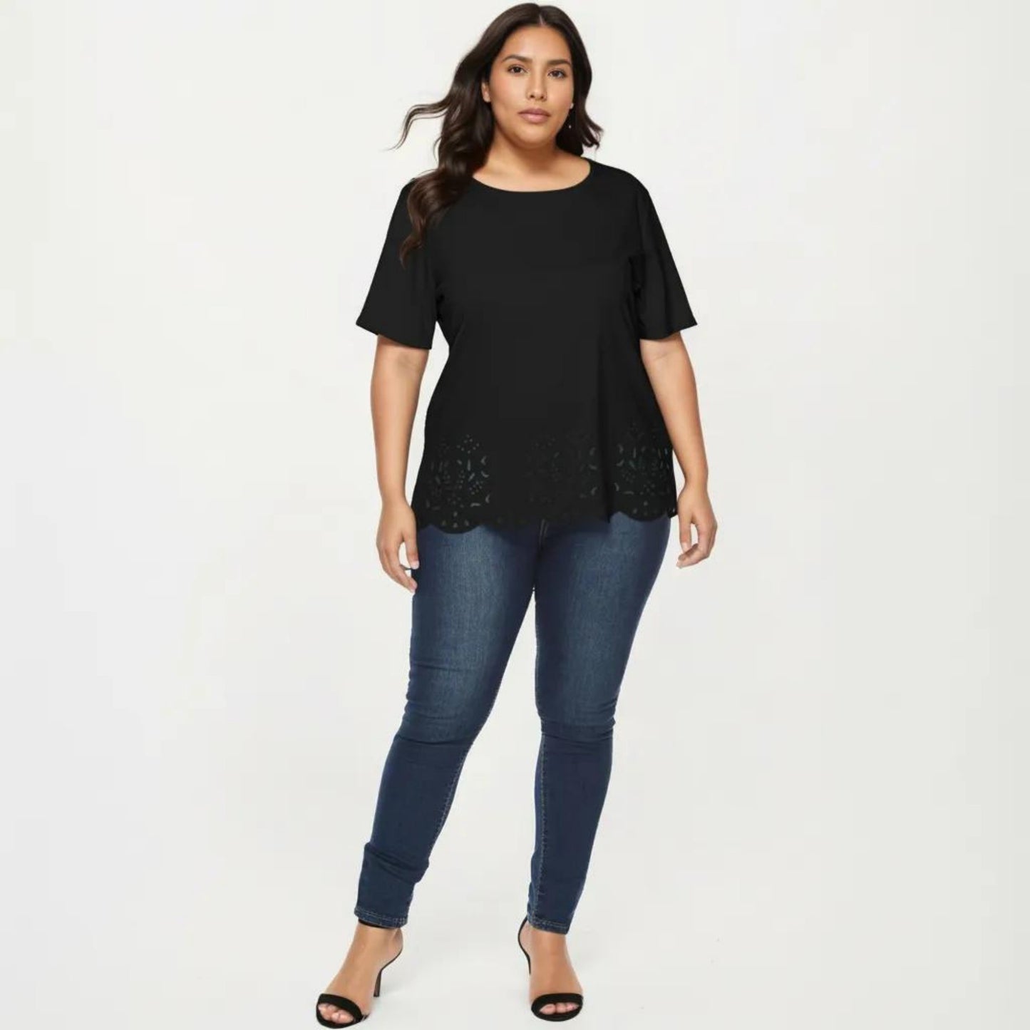 Plus Size Short Sleeve Top with Scalloped Eyelet Hem Round Neck Loose Fit Casual Blouse
