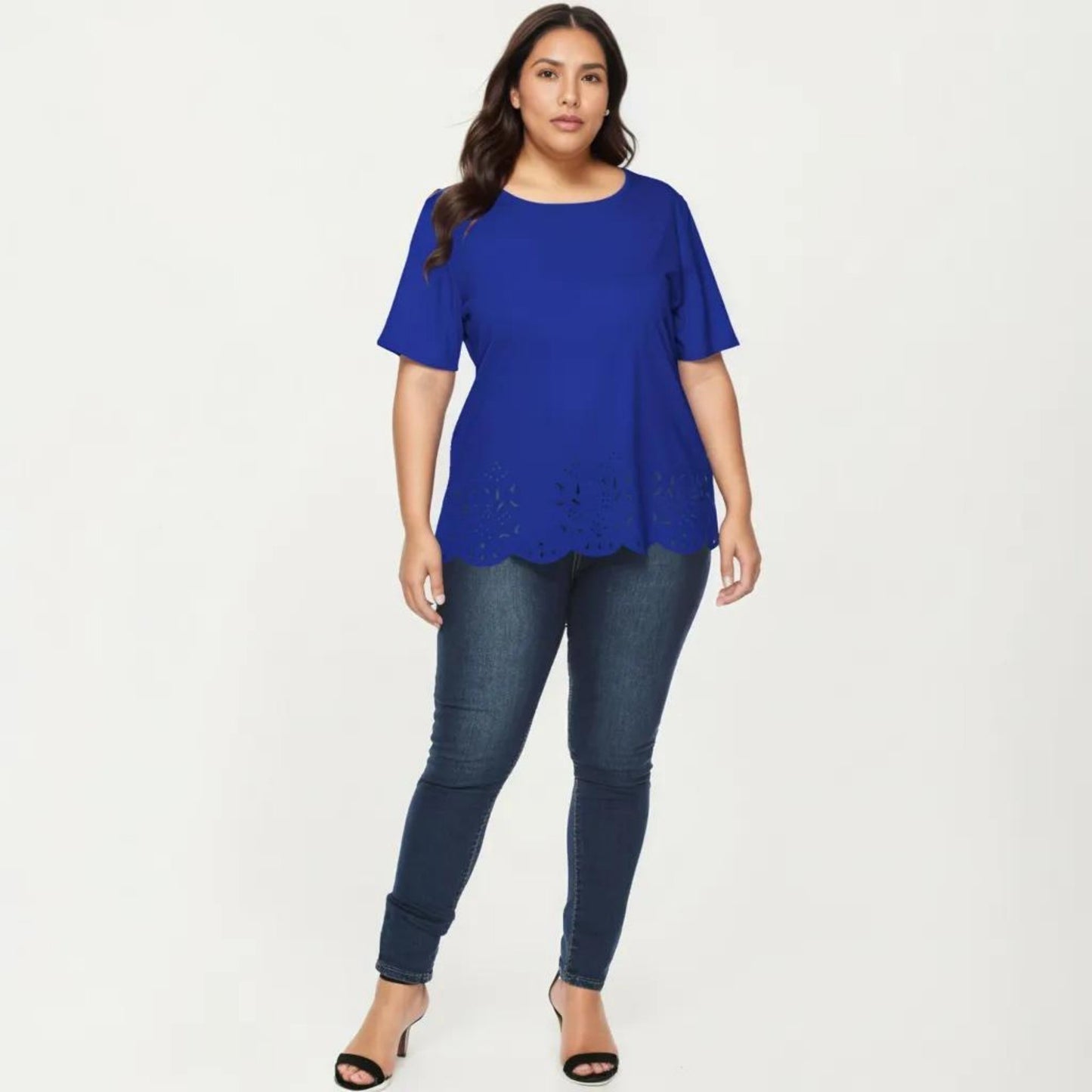 Plus Size Short Sleeve Top with Scalloped Eyelet Hem Round Neck Loose Fit Casual Blouse