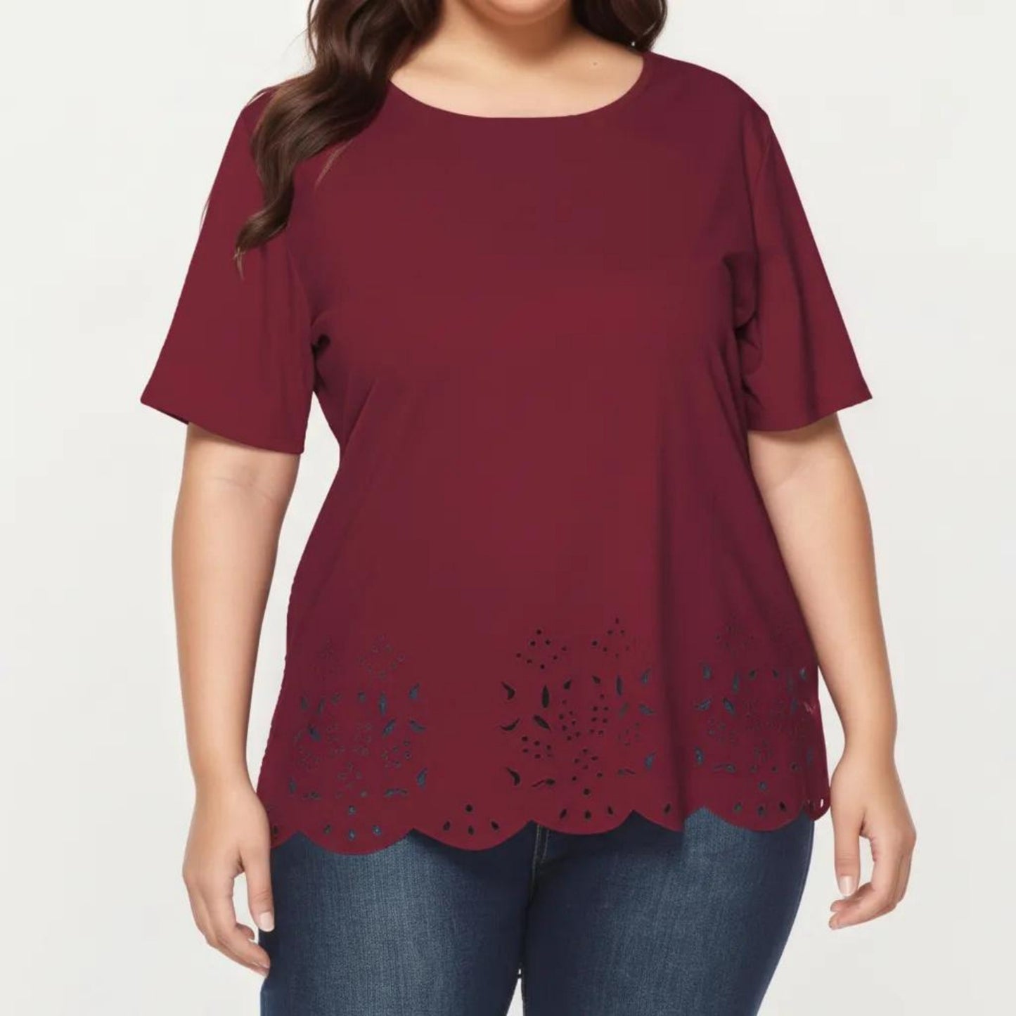 Plus Size Short Sleeve Top with Scalloped Eyelet Hem Round Neck Loose Fit Casual Blouse