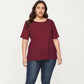 Plus Size Short Sleeve Top with Scalloped Eyelet Hem Round Neck Loose Fit Casual Blouse