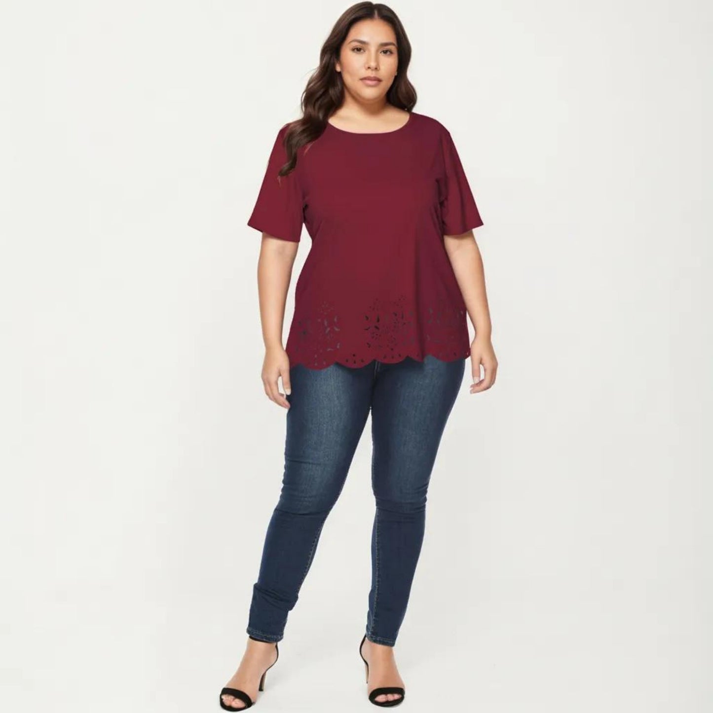 Plus Size Short Sleeve Top with Scalloped Eyelet Hem Round Neck Loose Fit Casual Blouse