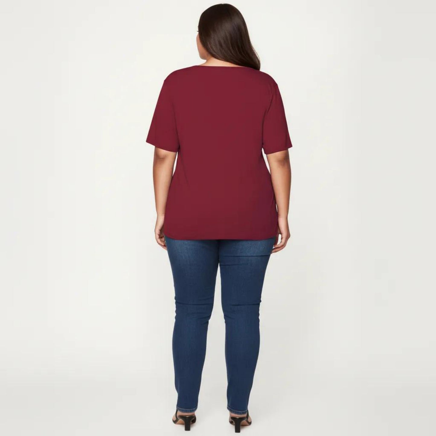 Plus Size Short Sleeve Top with Scalloped Eyelet Hem Round Neck Loose Fit Casual Blouse