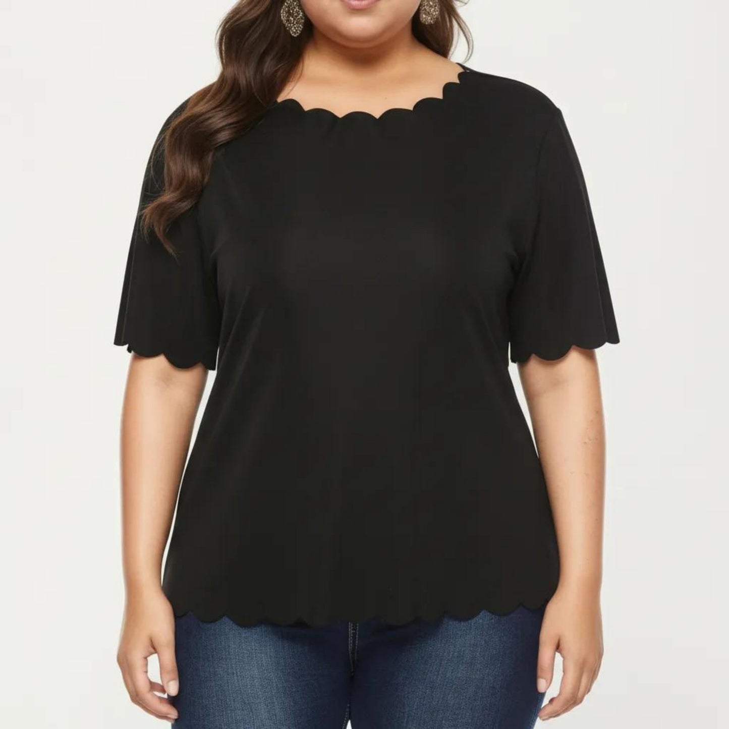 Plus Size Short Sleeve Top with Scalloped Hem Round Neck Loose Fit Casual Blouse