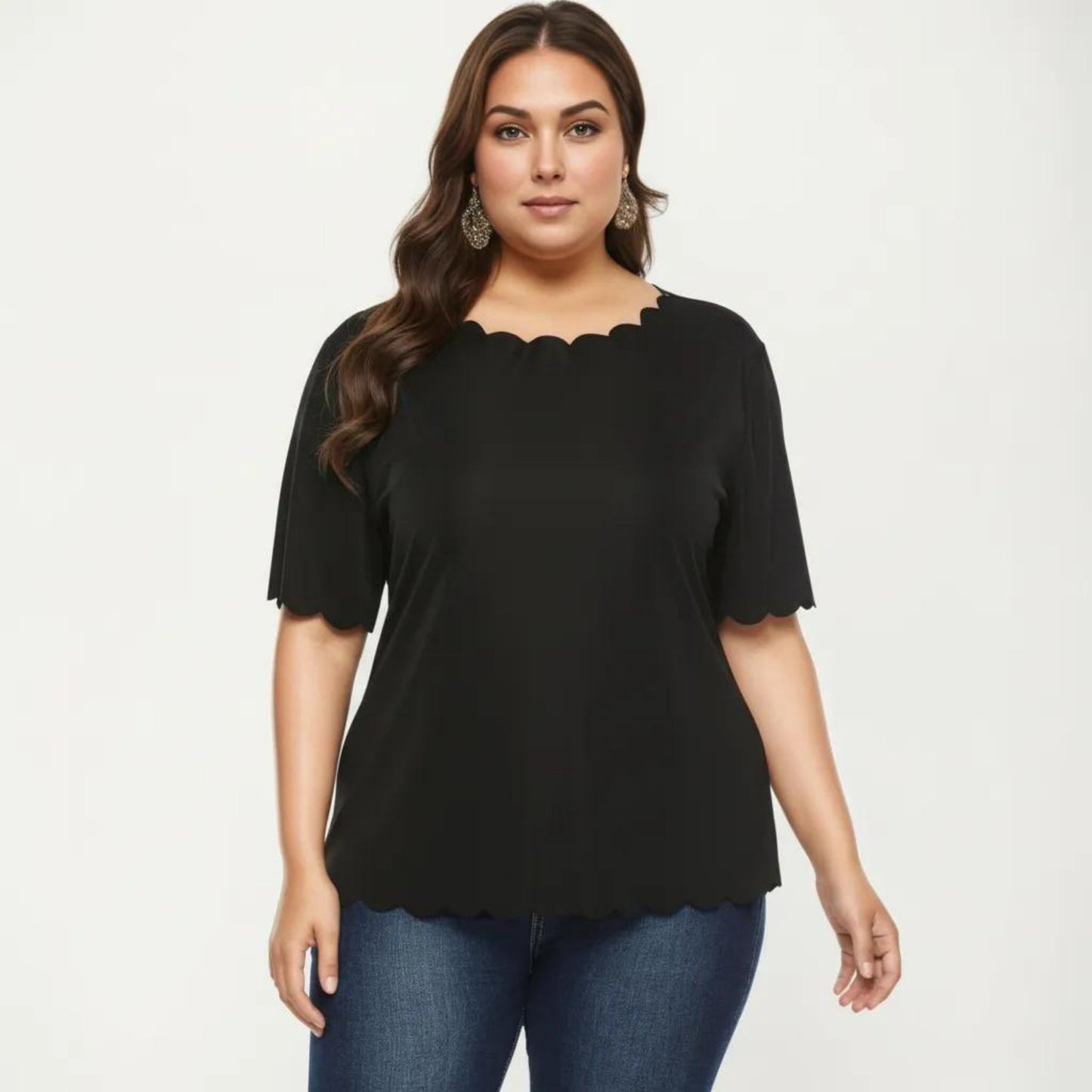 Plus Size Short Sleeve Top with Scalloped Hem Round Neck Loose Fit Casual Blouse
