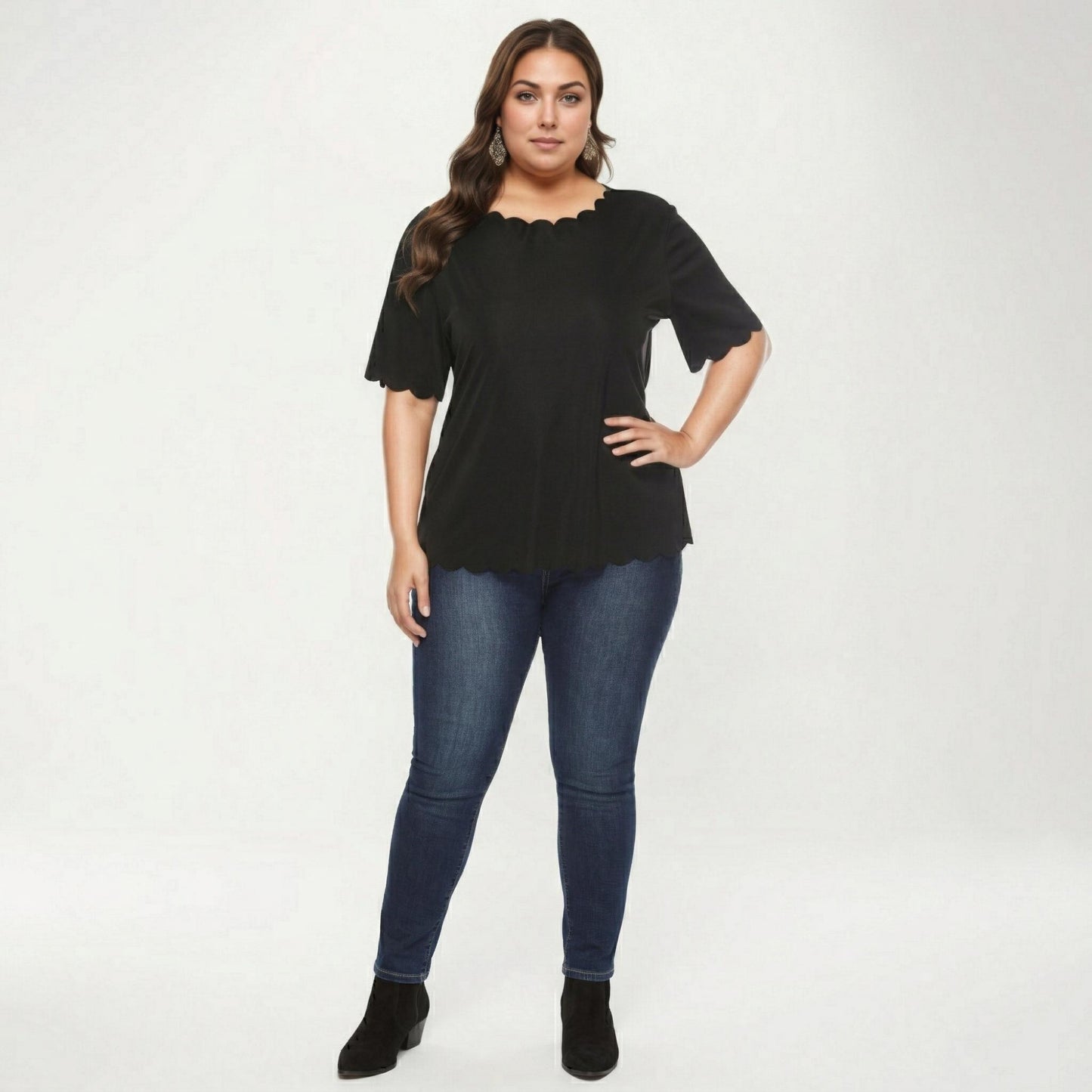 Plus Size Short Sleeve Top with Scalloped Hem Round Neck Loose Fit Casual Blouse