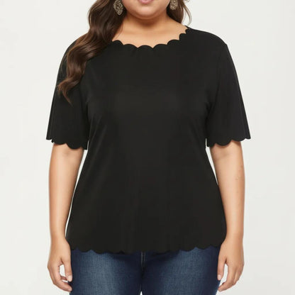 Plus Size Short Sleeve Top with Scalloped Hem Round Neck Loose Fit Casual Blouse