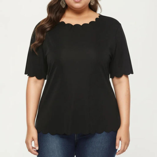 Plus Size Short Sleeve Top with Scalloped Hem Round Neck Loose Fit Casual Blouse
