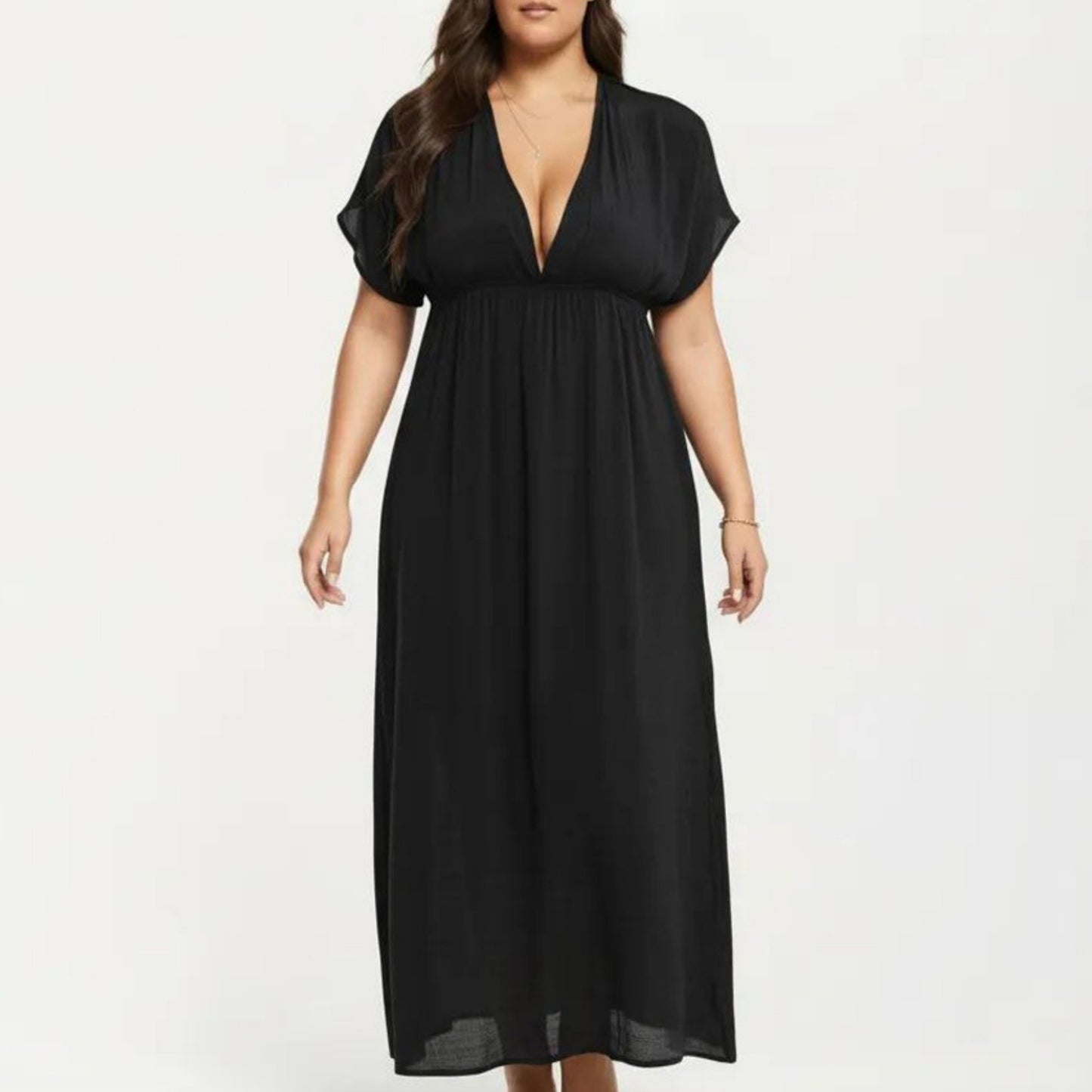 Plus Size Maxi Dress with Deep V Neck Short Sleeve Loose Fit Flowy Casual Long Dress