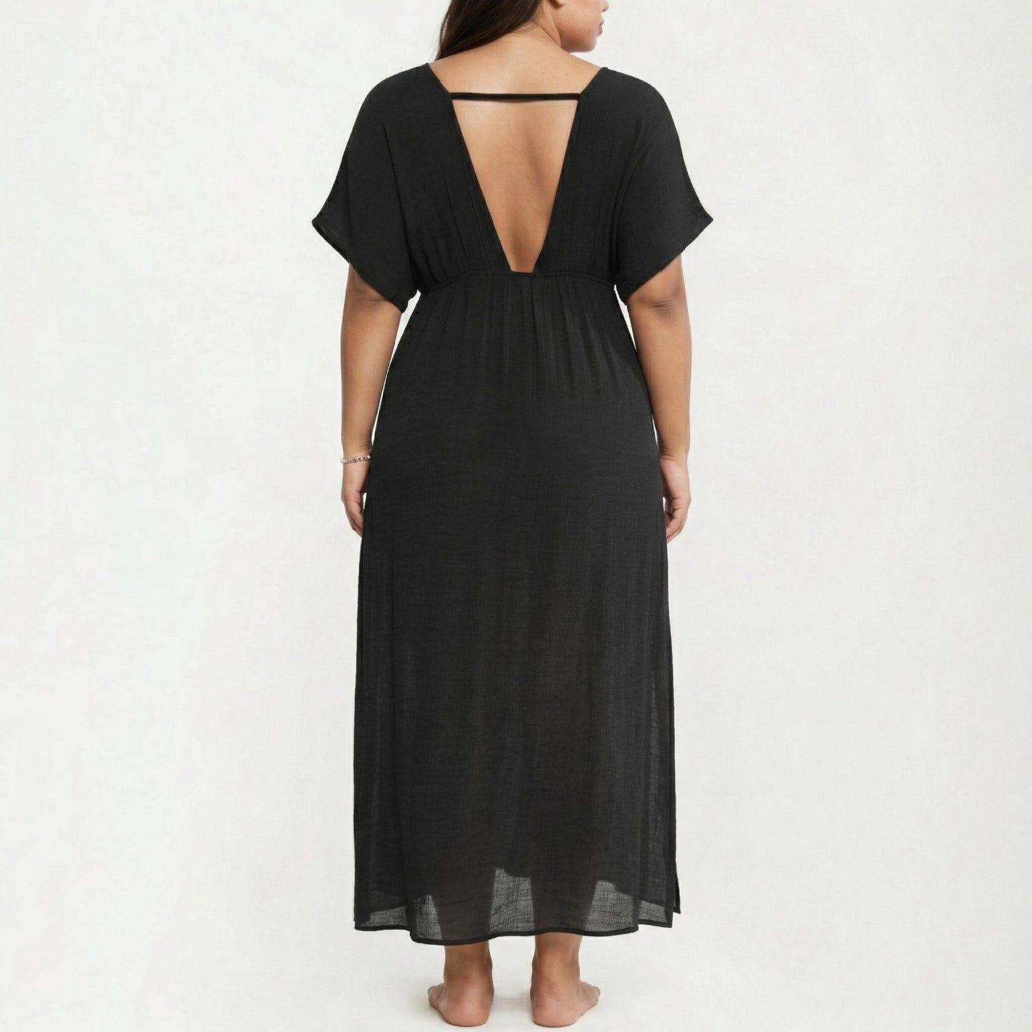 Plus Size Maxi Dress with Deep V Neck Short Sleeve Loose Fit Flowy Casual Long Dress