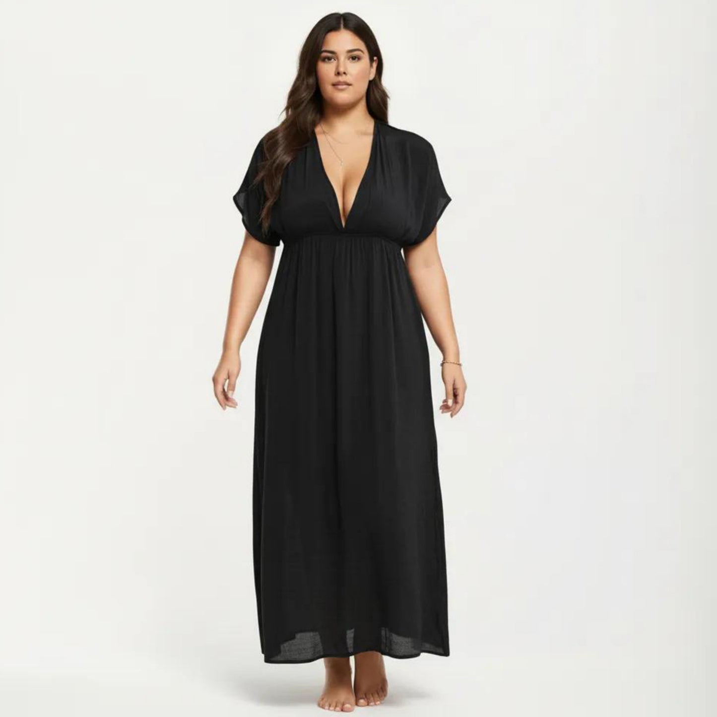 Plus Size Maxi Dress with Deep V Neck Short Sleeve Loose Fit Flowy Casual Long Dress