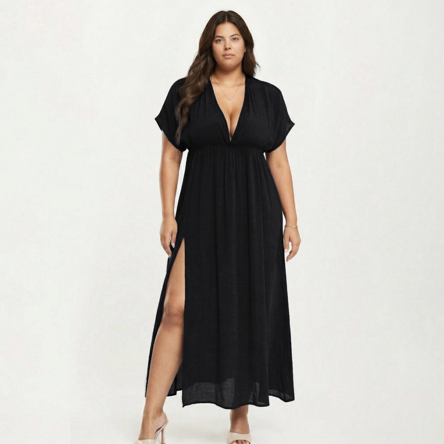Plus Size Maxi Dress with Deep V Neck Short Sleeve Loose Fit Flowy Casual Long Dress