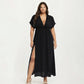 Plus Size Maxi Dress with Deep V Neck Short Sleeve Loose Fit Flowy Casual Long Dress