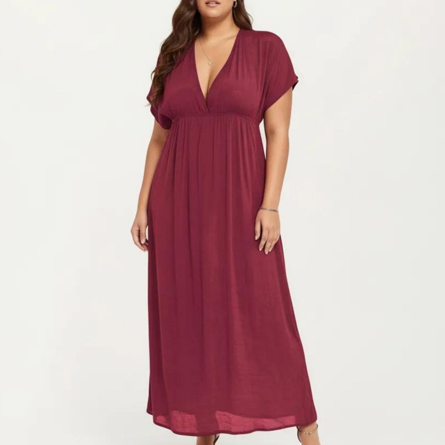 Plus Size Maxi Dress with Deep V Neck Short Sleeve Loose Fit Flowy Casual Long Dress