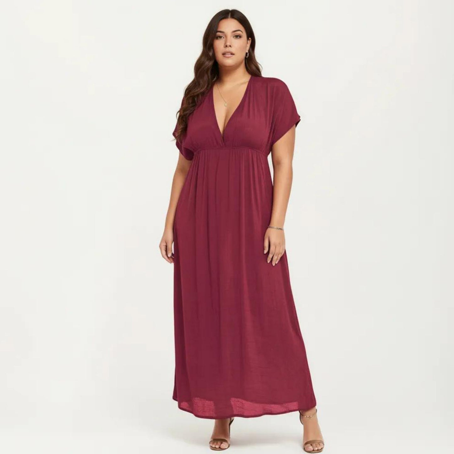 Plus Size Maxi Dress with Deep V Neck Short Sleeve Loose Fit Flowy Casual Long Dress