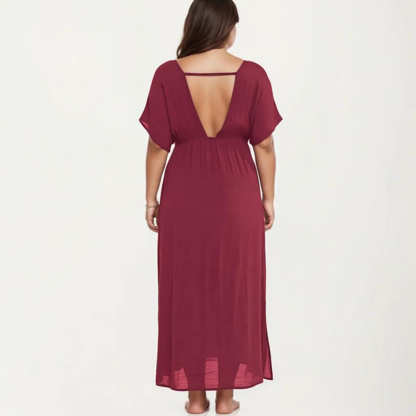 Plus Size Maxi Dress with Deep V Neck Short Sleeve Loose Fit Flowy Casual Long Dress