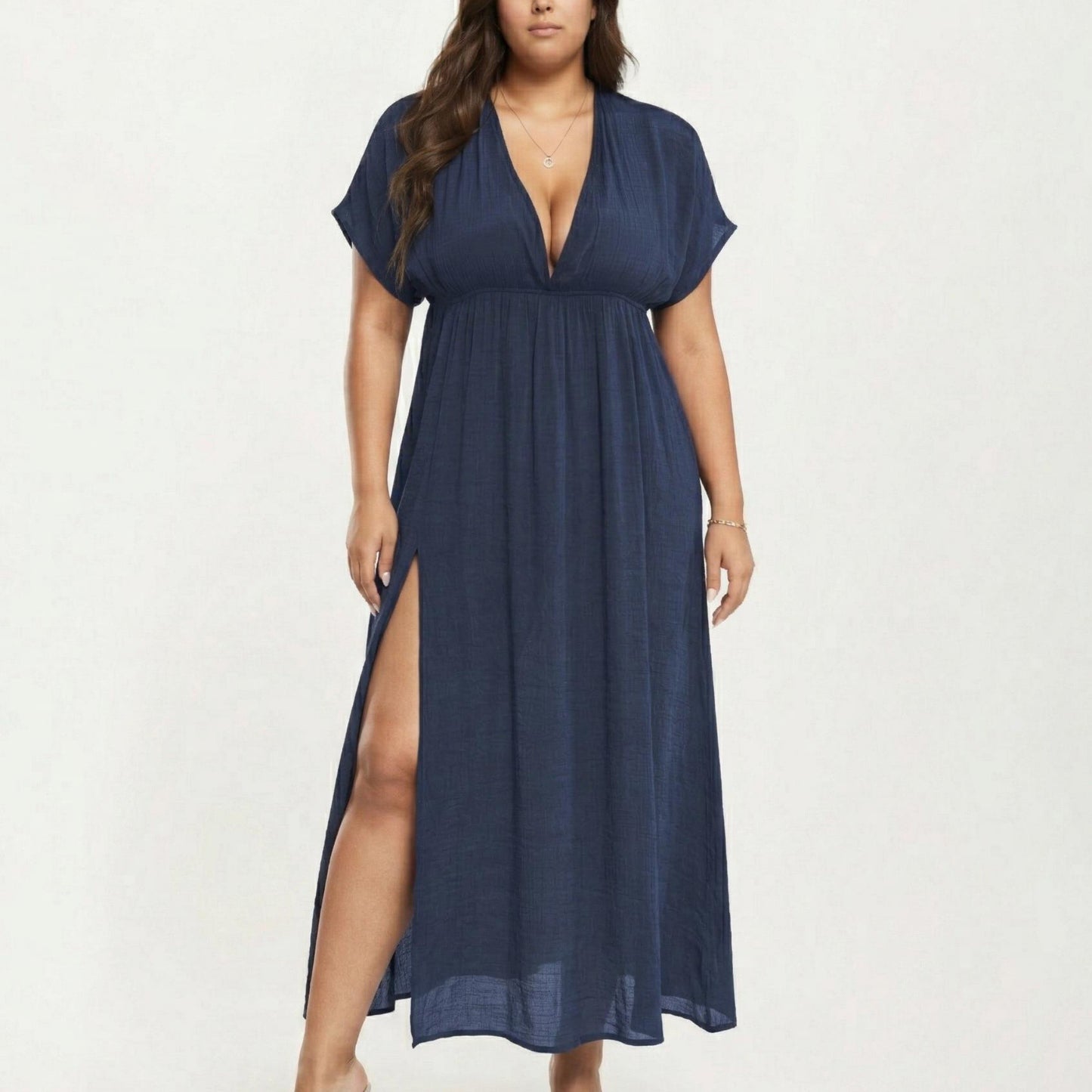 Plus Size Maxi Dress with Deep V Neck Short Sleeve Loose Fit Flowy Casual Long Dress