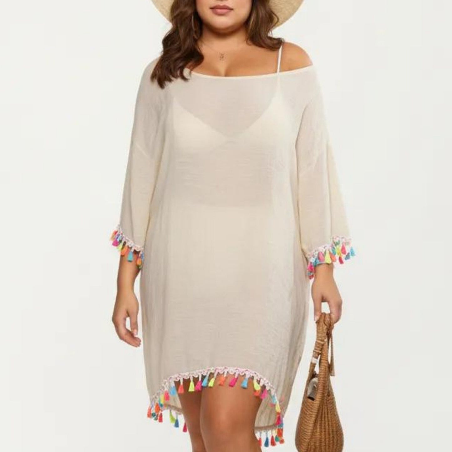 Plus Size Sheer Cover Up Dress with Tassel Trim Loose Fit Scoop Neck Beach Swim Cover Up