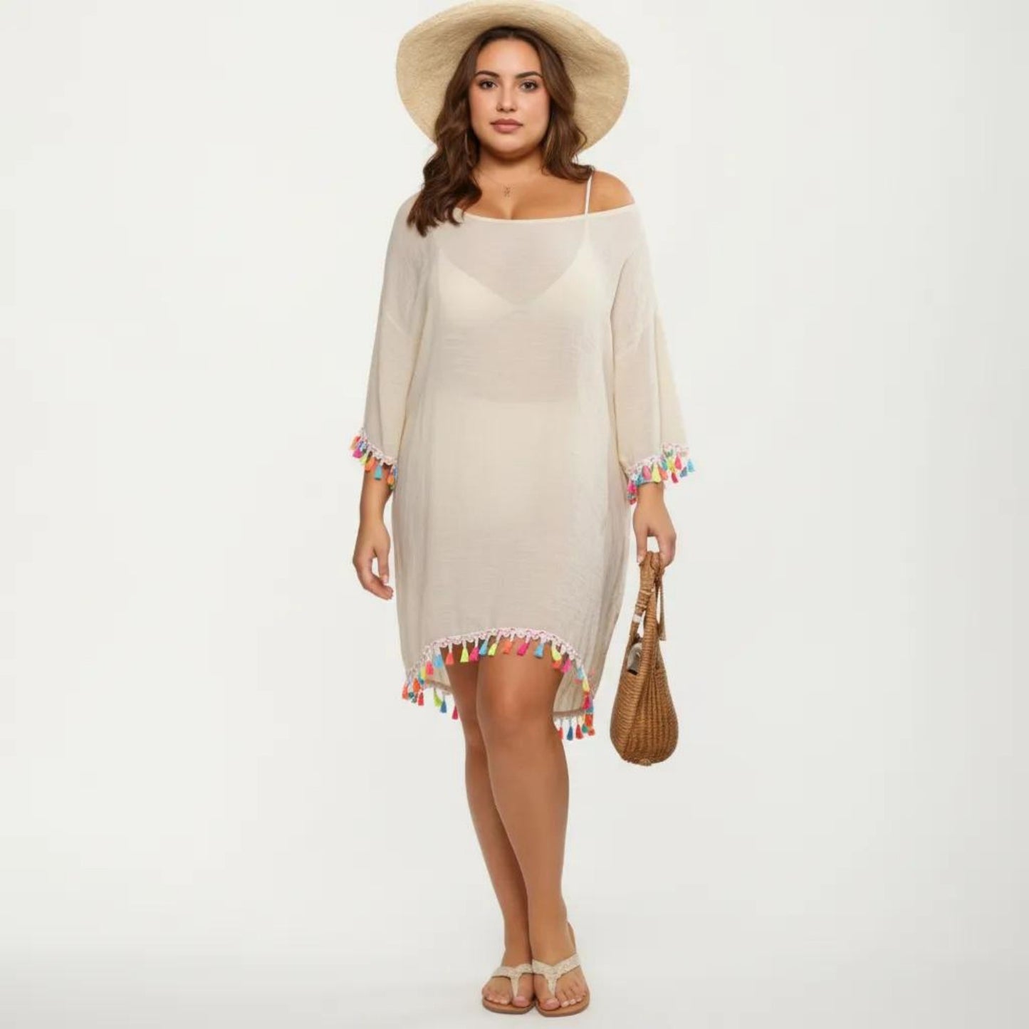 Plus Size Sheer Cover Up Dress with Tassel Trim Loose Fit Scoop Neck Beach Swim Cover Up