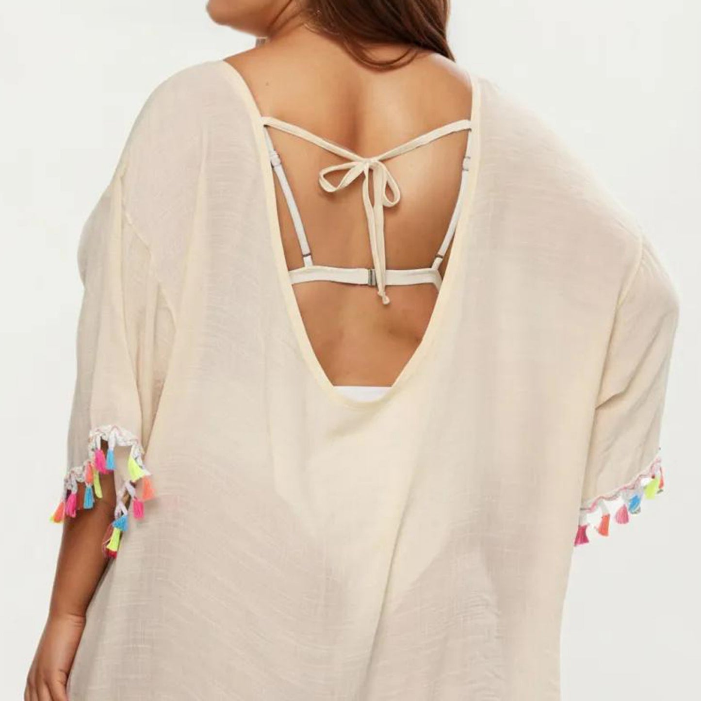 Plus Size Sheer Cover Up Dress with Tassel Trim Loose Fit Scoop Neck Beach Swim Cover Up