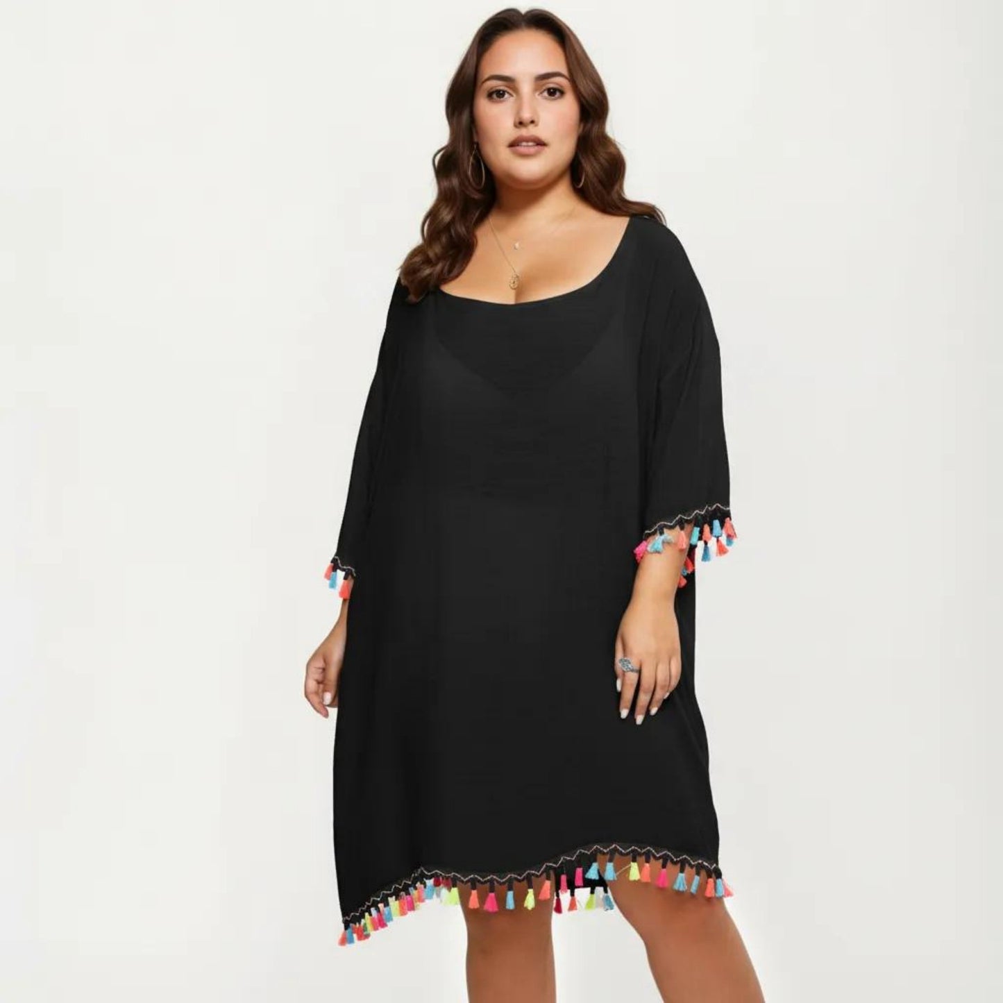 Plus Size Sheer Cover Up Dress with Tassel Trim Loose Fit Scoop Neck Beach Swim Cover Up