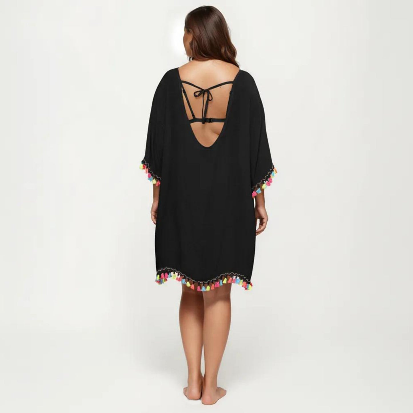 Plus Size Sheer Cover Up Dress with Tassel Trim Loose Fit Scoop Neck Beach Swim Cover Up