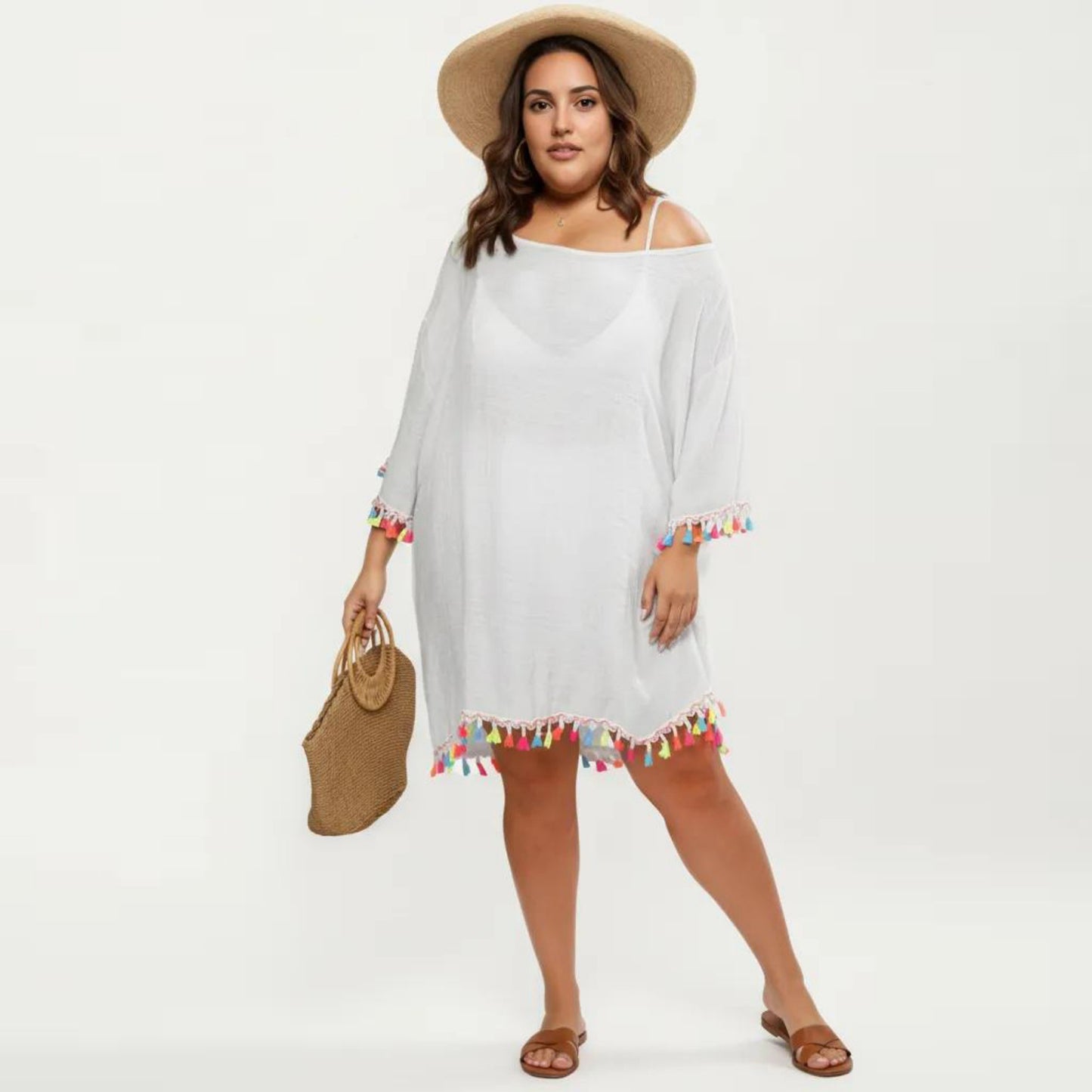 Plus Size Sheer Cover Up Dress with Tassel Trim Loose Fit Scoop Neck Beach Swim Cover Up