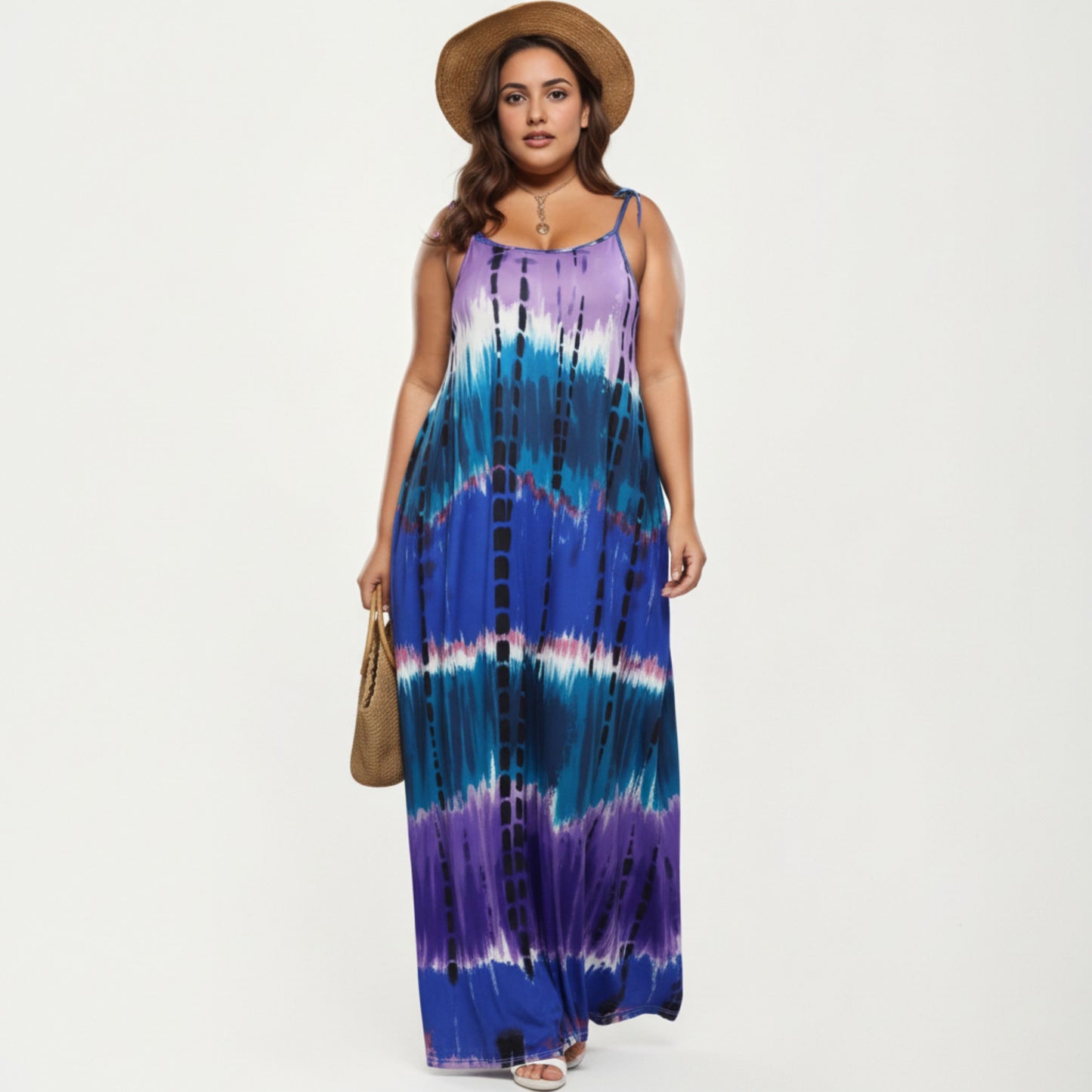 Plus Size Maxi Dress with Adjustable Strap Scoop Neck Tie Dye Print Loose Fit Casual Dress